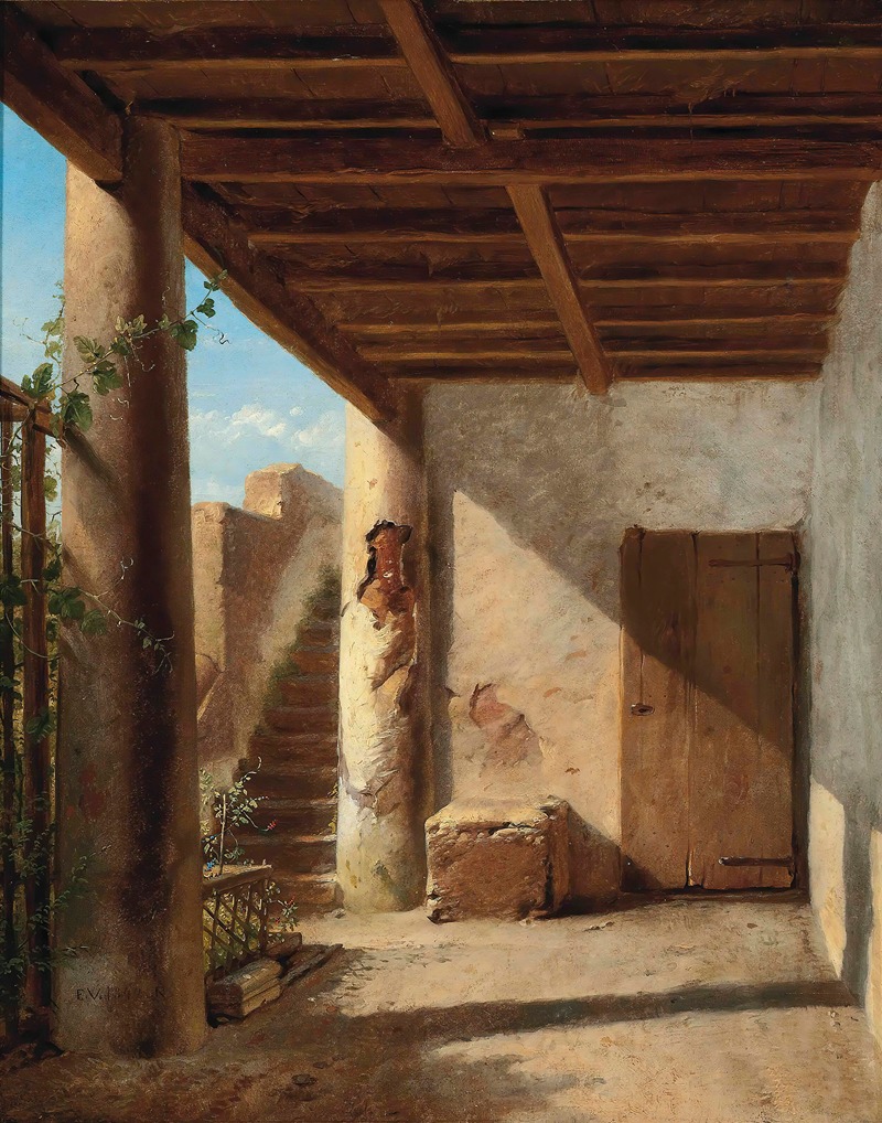this is a painting of a sunlit courtyard or terrace with an architectural structure featuring columns, a wooden ceiling, and a door. there is a set of stairs visible through an archway between two columns. the walls are textured and have a weathered appearance with stucco. a plant is growing on the left side of the first column. shadows are cast across the ground, adding depth and dimension.