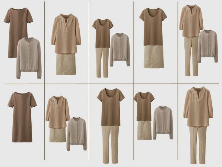 the image shows a grid of ten different outfits. each outfit consists of two or three clothing items, including dresses, tops, bottoms, and cardigans. the color palette is mostly neutral, with various shades of brown, beige, and khaki. the outfits are arranged to suggest possible combinations and layering options.