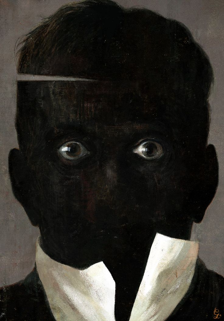 a closeup portrait painting of a man's face. the man's face is black, with only his eyes and the white collar of his shirt visible. the eyes are wide and staring out at the viewer. the background is a dark gray. the painting has a mysterious and abstract feel.