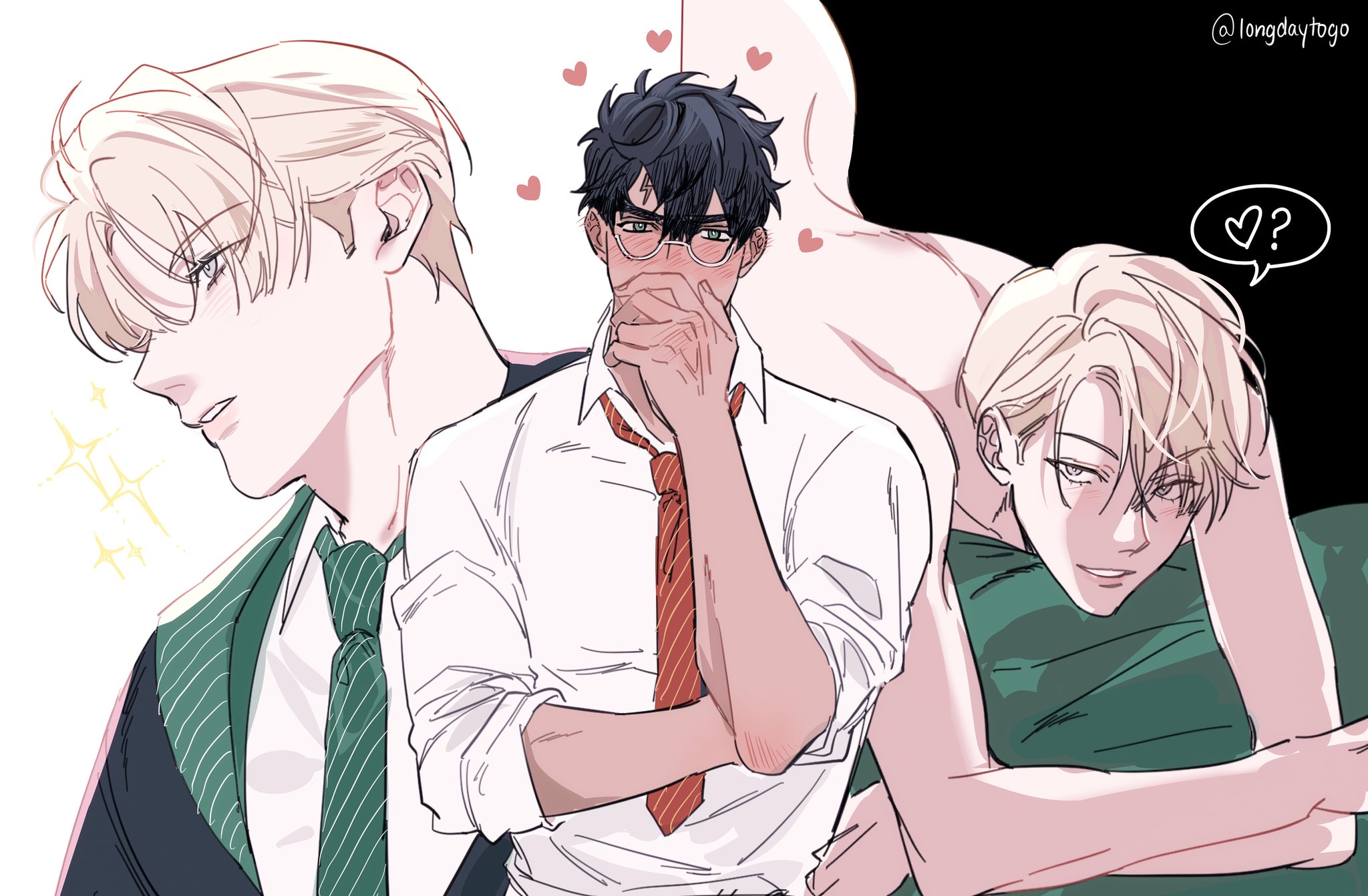 his is a fanart illustration depicting three animestyle characters.  the central figure is a boy with dark hair and glasses, wearing a white shirt and red tie,  who appears to be shy or contemplative.  he is flanked by two blondhaired boys. one on the left, wearing a slytherinesque uniform, seems to be observing him with a slightly smug expression. the other, on the right, is lying down in a more relaxed, perhaps flirty, pose.  hearts and sparkles surround the central figure, suggesting romantic interest from the others. the art style is soft and slightly sketchy, with a focus on the characters' expressions and poses.  the background is simple, consisting mostly of negative space. the overall atmosphere is romantic and suggestive of a relationship between the characters.