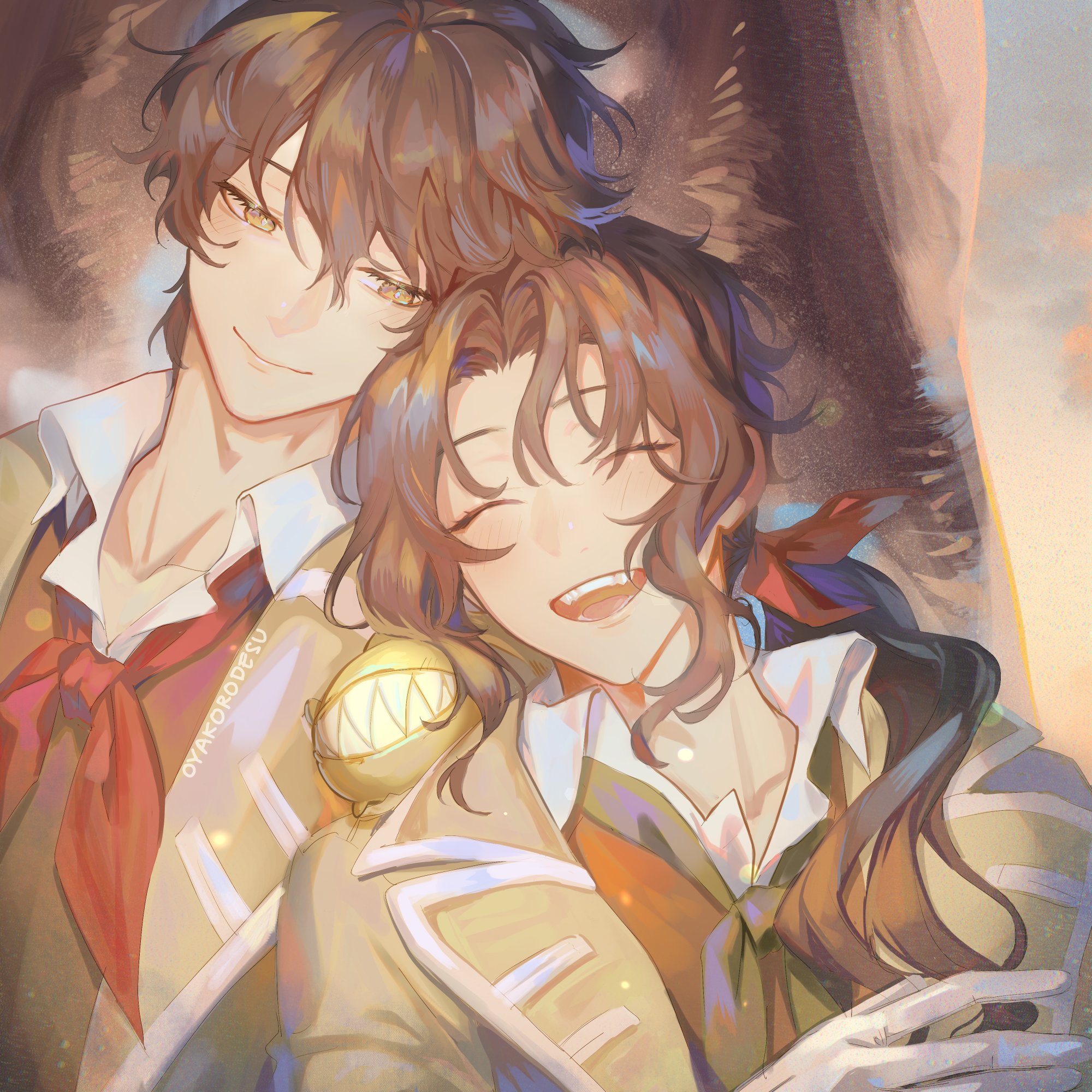 the image shows a couple, a girl and a boy, hugging each other. they both have brown hair, the boy with short hair and the girl with long flowing hair tied with a red ribbon. they both are wearing school uniform and the girl has white gloves on. the boy has a golden gear on his chest and both of them are looking very happy.