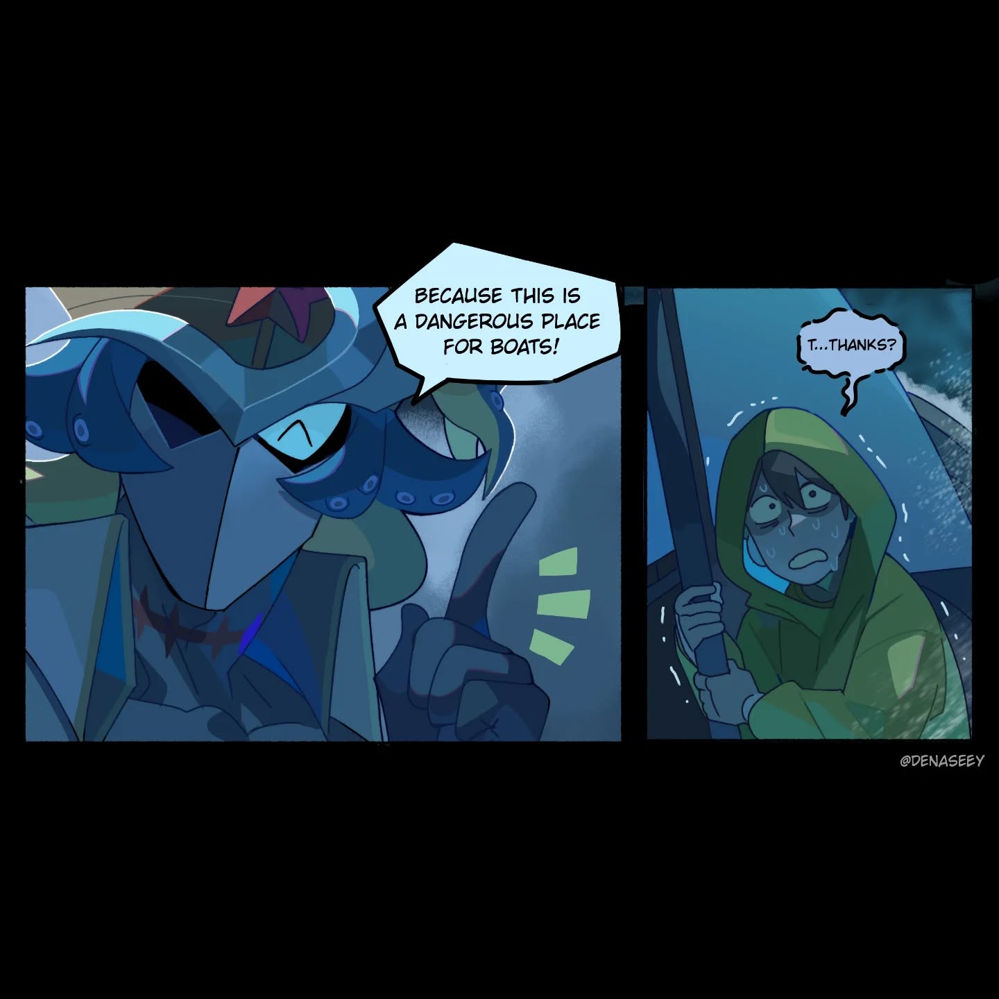 he image is a comic panel featuring two characters. the first is a large, anthropomorphic octopuslike creature wearing a captain's hat and coat.  it's explaining that the location is dangerous for boats. the second is a smaller, humanlike character in a yellow raincoat, appearing worried or scared, possibly reacting to the octopus captain's warning.  the art style is vibrant and stylized, with a focus on expressive characters and a dark, aquatic background. the comic style has a somewhat whimsical feel.