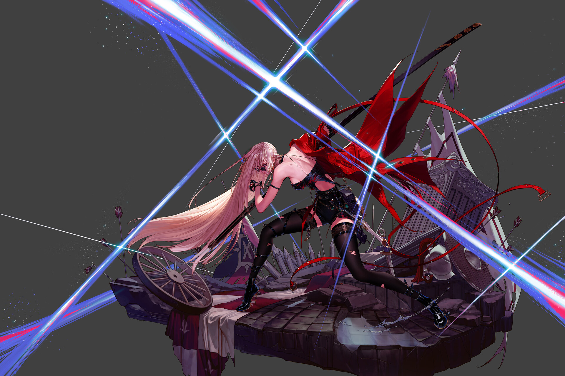 an animestyle illustration depicts a woman with long, white hair and a red cloak, dressed in a corset and black thighhigh stockings. she holds a sword, standing on a platform amidst a helmet, shield, arrows, and a wheel. streaks of blue and red light crisscross the scene. the artwork is fantastical and detailed.