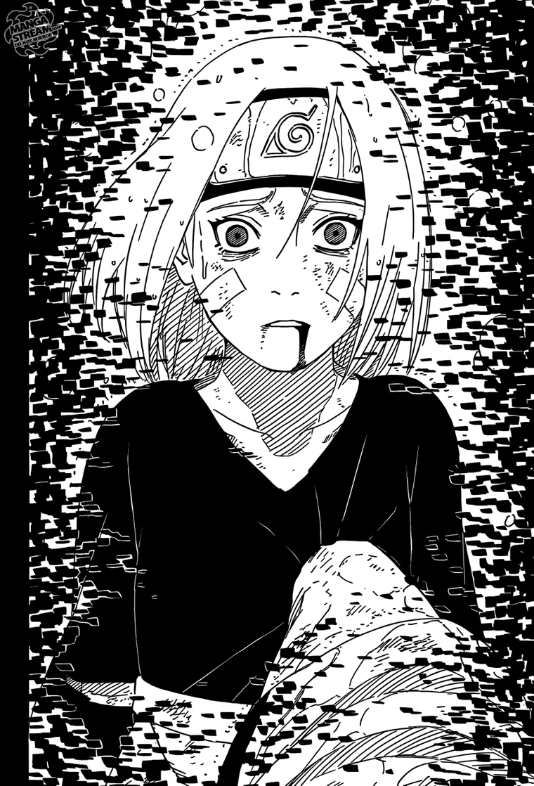 a young girl with short hair, wearing a dark shirt and pants, is shown in a state of distress. her face is marked with scratches and blood, and her expression conveys pain and sadness. the background is a stylized pattern of black and white squares, adding to the dramatic effect.  the strong contrast between black and white highlights the severity of her injuries.