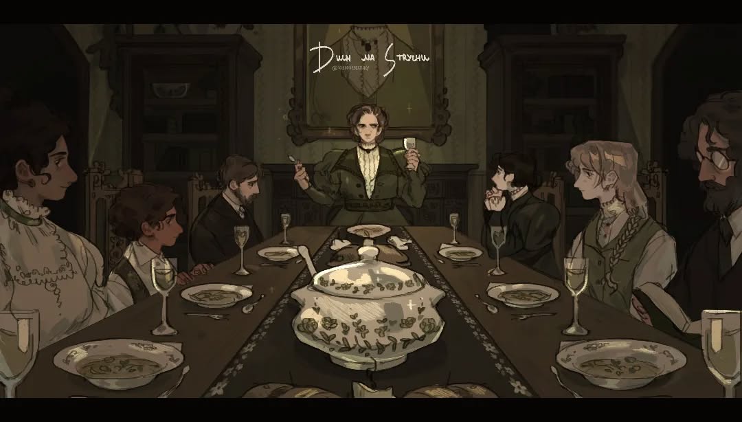 the image is a digital painting depicting a dimly lit victorianera dinner scene. a group of people, dressed in dark period clothing, are seated around a long table laden with food and wine. the central figure is a woman in a dark green dress, who seems to be the hostess, holding a wine glass and appearing to address the others. the atmosphere is mysterious and somewhat suspenseful, with a muted color palette and dark lighting enhancing the feeling of a gothic or dark fantasy setting. the style of the artwork leans toward  dark academia and detailed illustrative storytelling, suggestive of a narrative with potential for intrigue or a ghost story.  the background features antique furniture, including a dark wooden cupboard and an ornate mirror. the overall mood is serious and slightly unsettling.