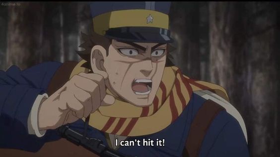 this is a closeup screenshot of a frustrated anime soldier in a forest. the lighting is dim and he is yelling "i can't hit it!" while holding onto the strap of his rifle.