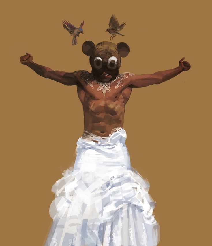 a muscular man wearing a brown bear mask with huge black eyes and a white dress with many ruffles stands with his arms outstretched with two birds flying above his head. one is brown and one is blue. the background is brown.