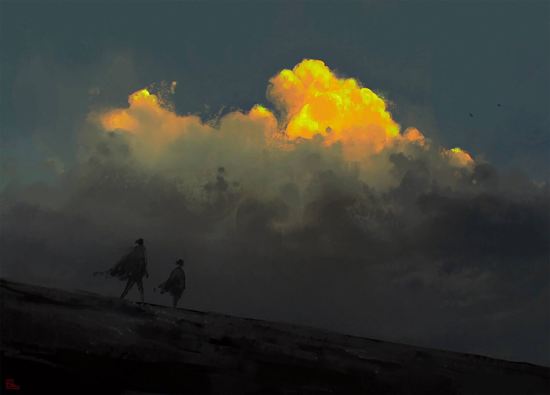 the image shows two figures silhouetted against a dark landscape, with a dramatic sky filled with clouds. the clouds are lit from behind, creating a glow that is both beautiful and ominous. the figures seem to be walking towards the horizon, which is obscured by fog or mist. the overall mood of the image is one of mystery and anticipation.