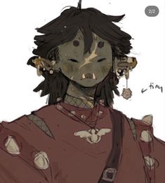 a frontal, stylized portrait of a young, greenskinned orc with dark hair, wearing a red top with a torn net pattern and a brown shoulder bag. they have multiple piercings in their pointy ears with dangling jewelry, one shaped like a rose. they have a tough expression with a scar over their nose. the drawing is done in a painterly style, with soft lighting and muted colors.  there's a handwritten note on the right side, pointing at the earring, reading "tiny."