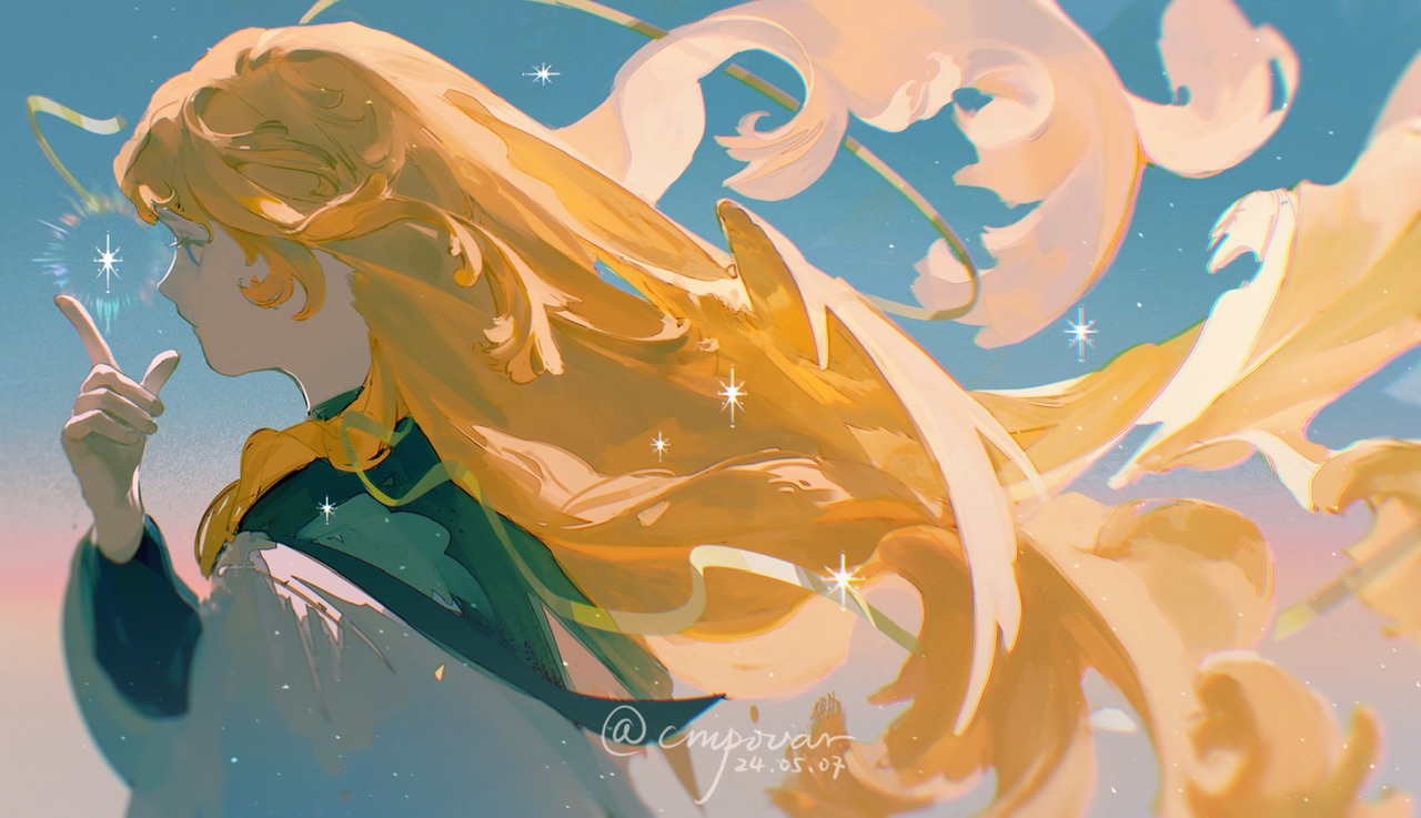 the image is a digital art portrait of a girl with long flowing blonde hair, styled in the anime aesthetic. she is depicted in profile view, gazing towards the left with a contemplative expression. her index finger is delicately raised, seemingly interacting with a faint, glowing sparkle. her hair, bathed in soft backlighting, appears almost ethereal, with strands catching the light and transforming into flowing, abstract shapes reminiscent of ribbons or flower petals. the color palette is soft and dreamy, dominated by pastel blues and yellows that create a serene and magical atmosphere.