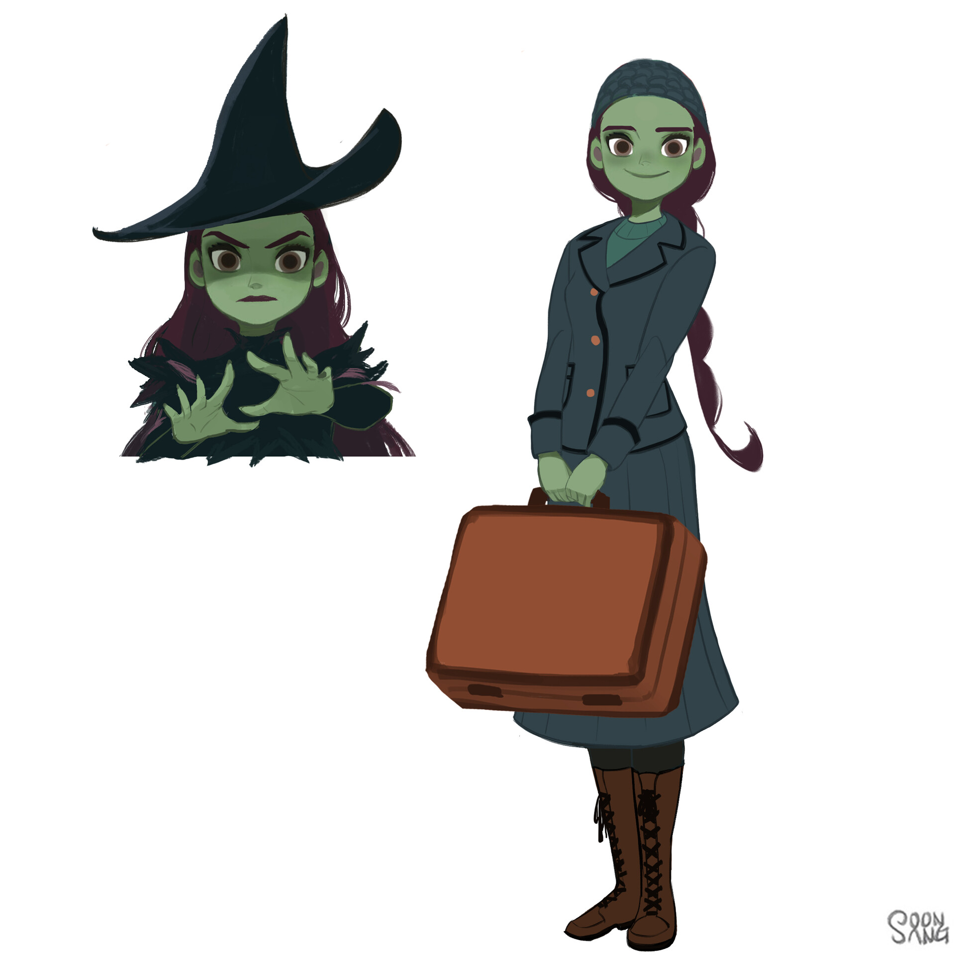 the image shows two depictions of the same female character. on the left, she is drawn as a classic witch with green skin, a pointed hat, and a menacing expression. on the right, she is depicted in a more mundane way, wearing a blue dress and hat, carrying a brown suitcase, and with a friendly smile. this suggests a transformation or a duality in her nature. the style is cartoonish with simple shapes and a limited color palette.