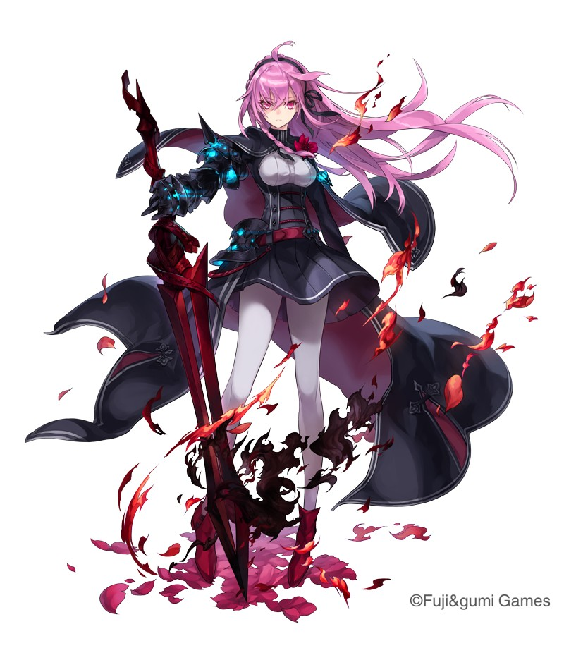 the image showcases a female anime character with long pink hair, dressed in a black and red outfit, wielding a large red sword. she has glowing blue accents on her attire, suggestive of technological or magical enhancements.  the sword emanates dark, shadowy energy, intertwined with fiery sparks. scattered red rose petals around her feet add to the dramatic atmosphere.