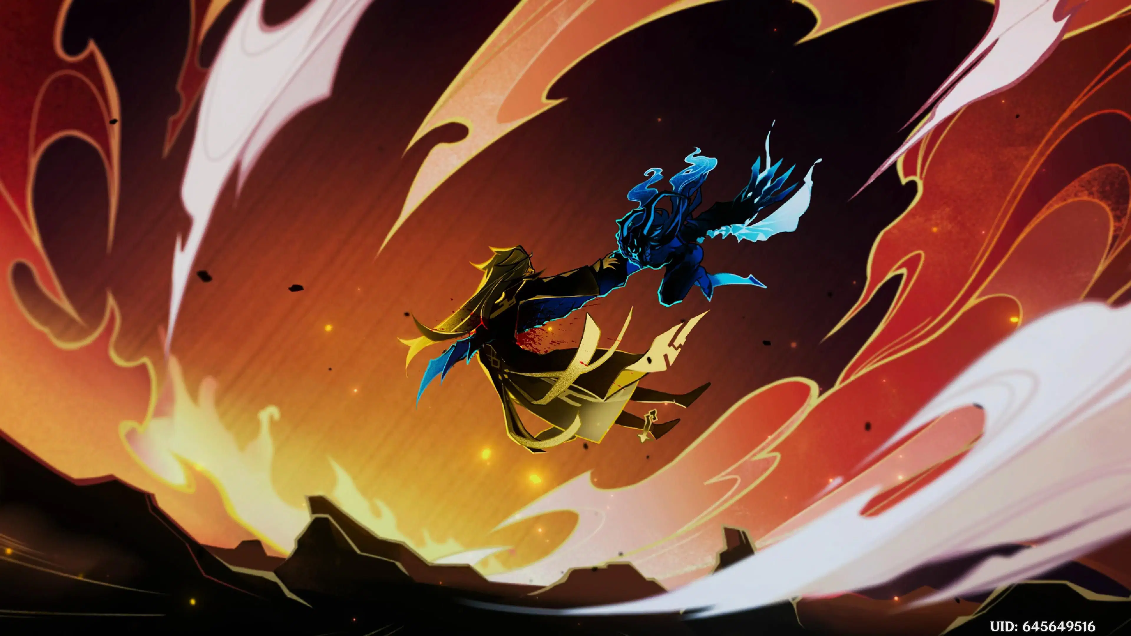 the image is an animestyle artwork depicting a fierce battle between two characters. the two characters appear to be sword fighters with one character dressed in a black and white outfit and the other in yellow and red. the fight is taking place in a sky with a fiery background. the scene is dynamic, with the characters flying through the air and surrounded by explosions of energy. the use of motion lines and vibrant colors creates a sense of energy and action. the image is full of detail and has a dramatic and exciting feel.