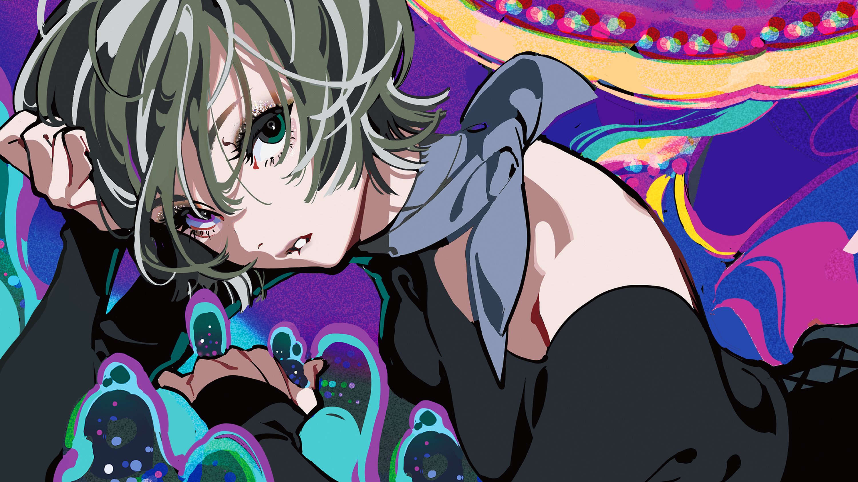 the image features a stylized drawing of a young woman with short, choppy hair. she has striking heterochromia, with one green eye and one purple eye. her expression is fierce and determined. she wears a black outfit with cutouts and a gray bandana around her neck. the background is a vibrant, psychedelic swirl of colors, creating an energetic and abstract atmosphere.
