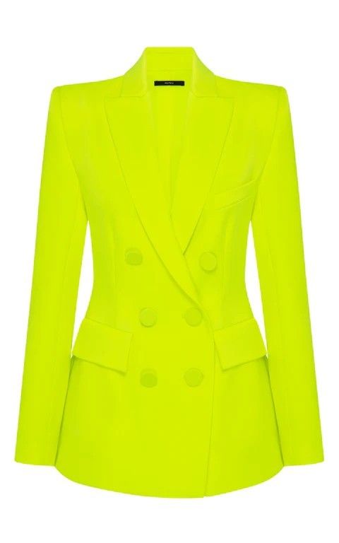 a bright neon yellow doublebreasted blazer is showcased on a white background. the blazer has a classic design with a lapel collar, multiple buttons, and pockets.