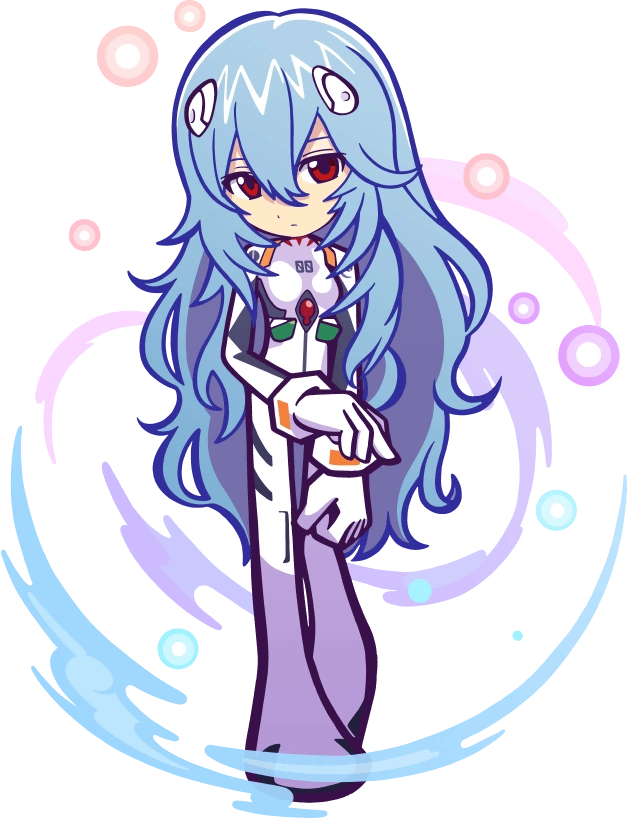 the image is a stylized digital drawing of a cute chibi anime girl. she has long, flowing light blue hair and is wearing a white and purple outfit reminiscent of an evangelion pilot suit. her eyes are large and expressive, one red and the other slightly more purple. she is posed with her hands together in front of her. the background features a swirling, abstract design with light blue and purple hues and small, glowing orbs, creating a magical or ethereal atmosphere.  the overall style is reminiscent of fanart inspired by anime series like neon genesis evangelion.