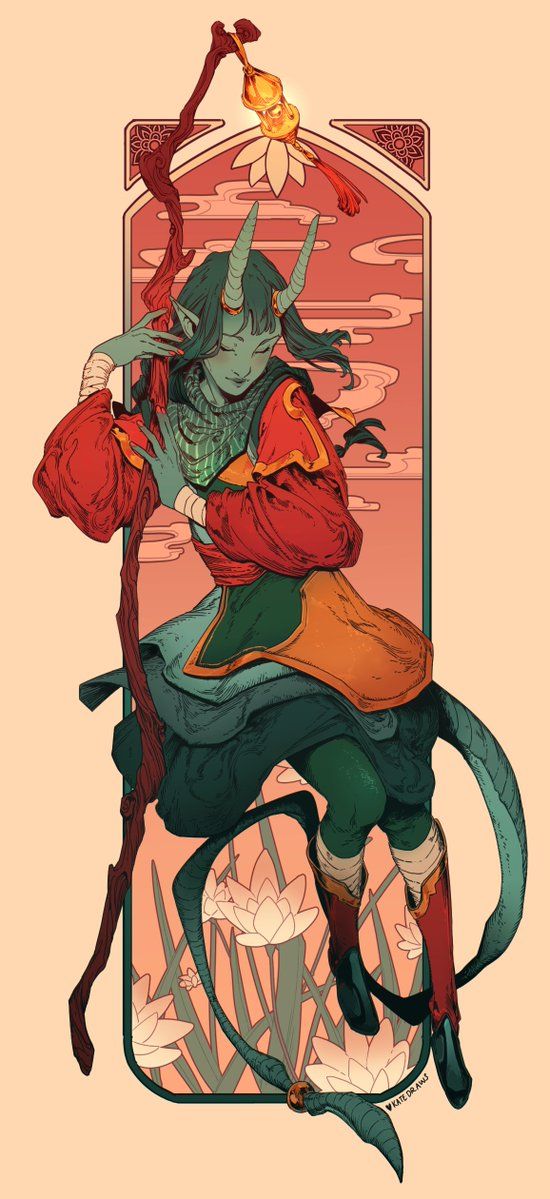 this digital art piece features a female demon with green skin and horns. she's wearing a red and green outfit with a staff. the background features an art nouveau style frame with lotus flowers and clouds. the overall vibe is mystical and elegant, with a hint of oriental influence.