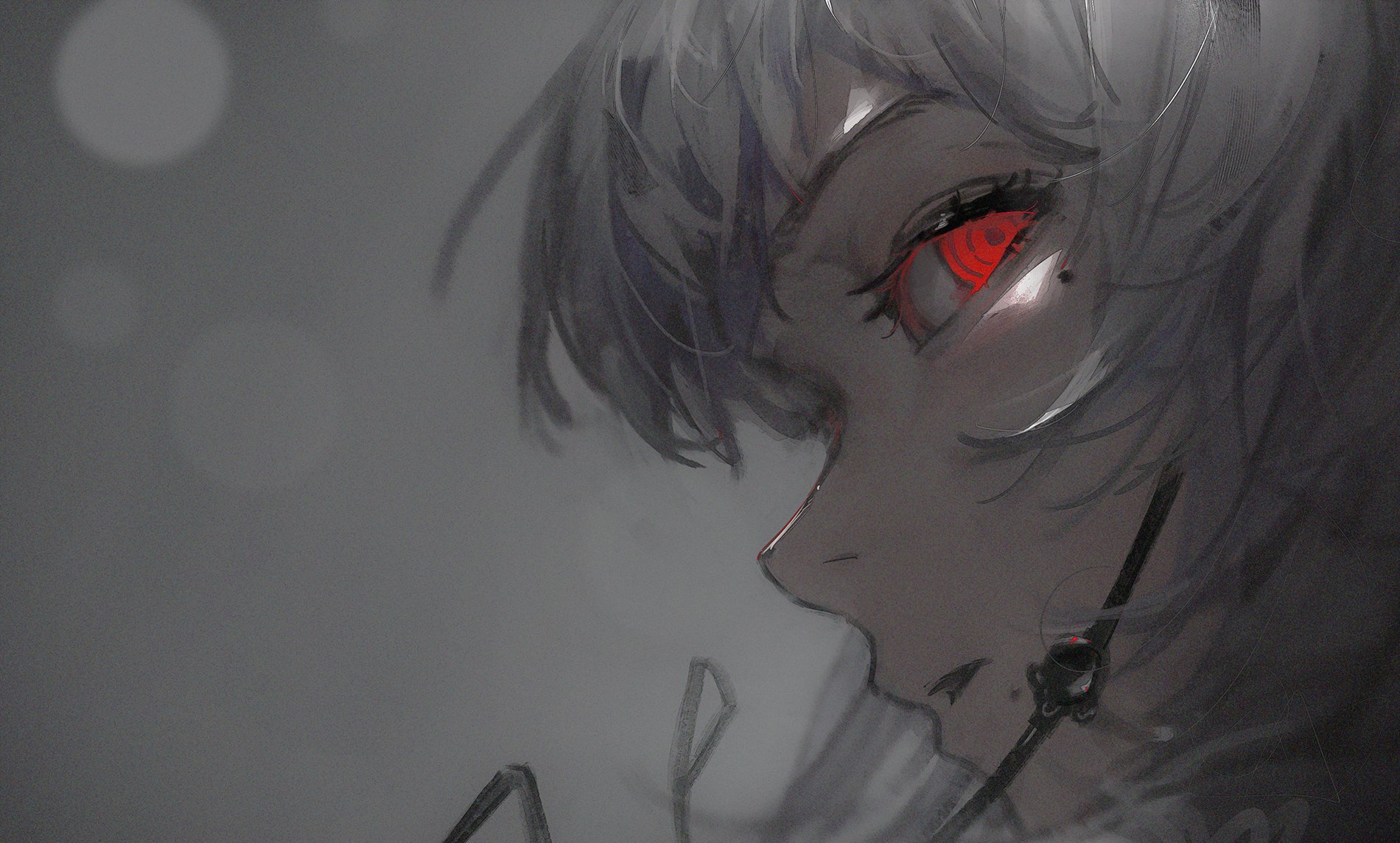 a closeup portrait of a young woman from an anime or manga with white hair and red eyes. she is looking off to the side, with a serious expression on her face. the background is a grey, and the drawing style is detailed. the woman has a soft, almost ethereal quality to her.
