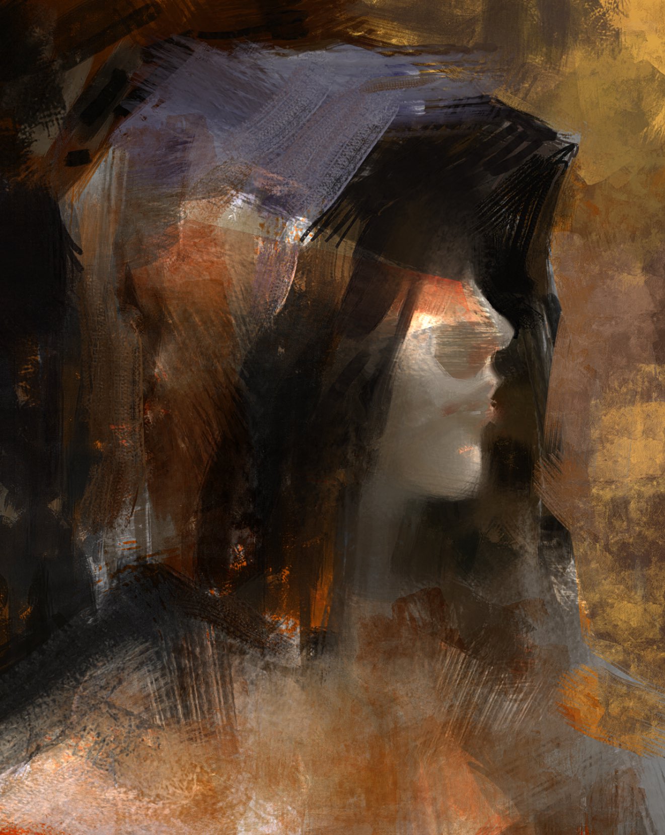 a digital painting of a woman's portrait. she is hooded and her face is partially obscured by shadows, creating a mysterious and ethereal atmosphere. the painting is characterized by abstract brushstrokes and a textured background, giving it a dreamlike quality. the colors are muted and earthy, adding to the sense of mystery.