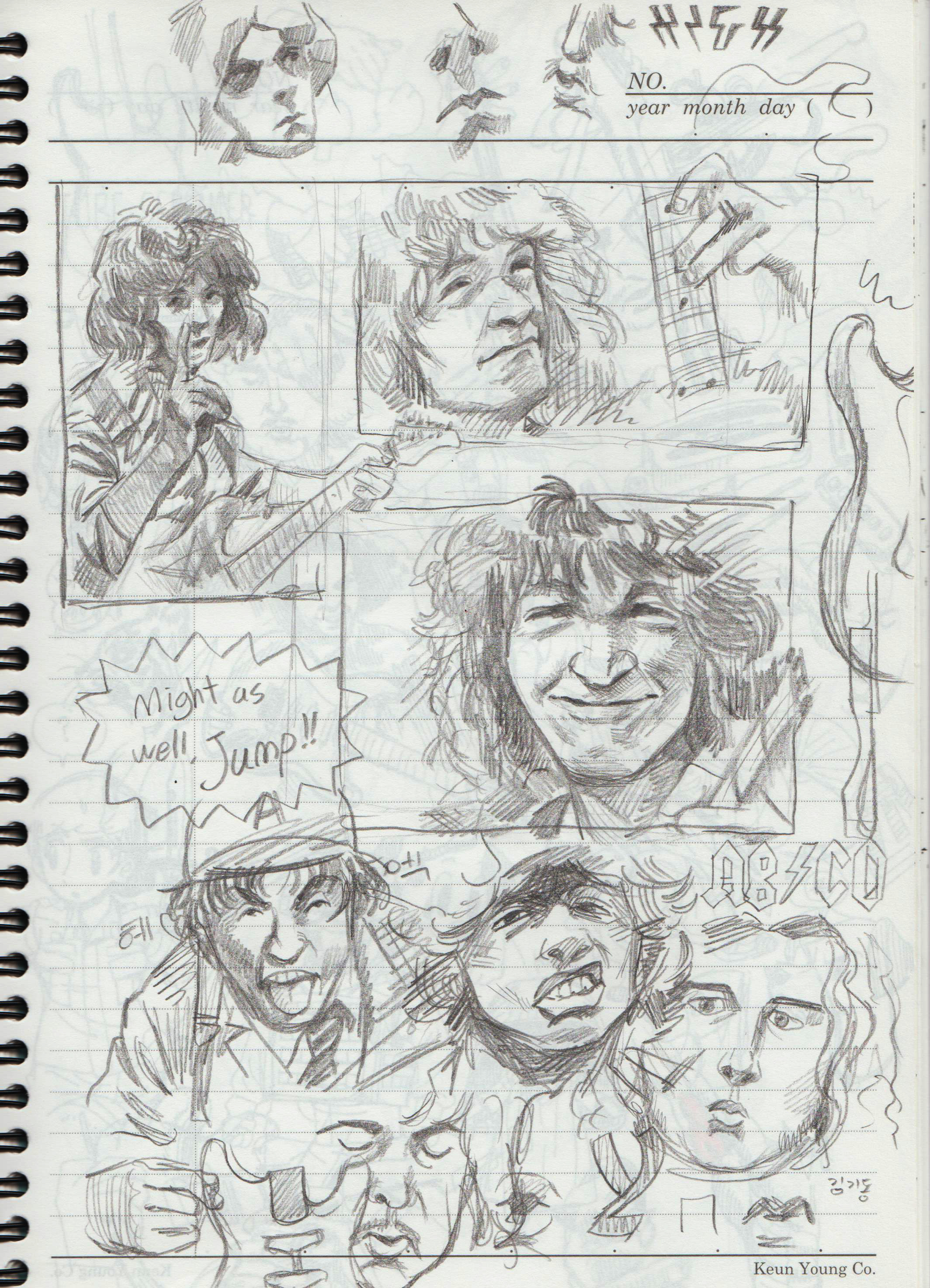 a hand drawn sketch of a rock band in a notebook. the drawing captures the energy and raw emotion of a rock concert. the musicians are drawn in a dynamic pose, with their instruments held aloft.  the drawing is full of details, from the individual expression on each musician's face to the  crowd in the background.