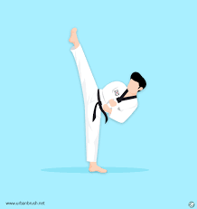 a male taekwondo athlete in a white dobok with a black belt is executing a high kick against a light blue background. he is captured midkick, showcasing the flexibility and athleticism of the martial art. the illustration is minimalist in style, focusing on the dynamic pose of the athlete.
