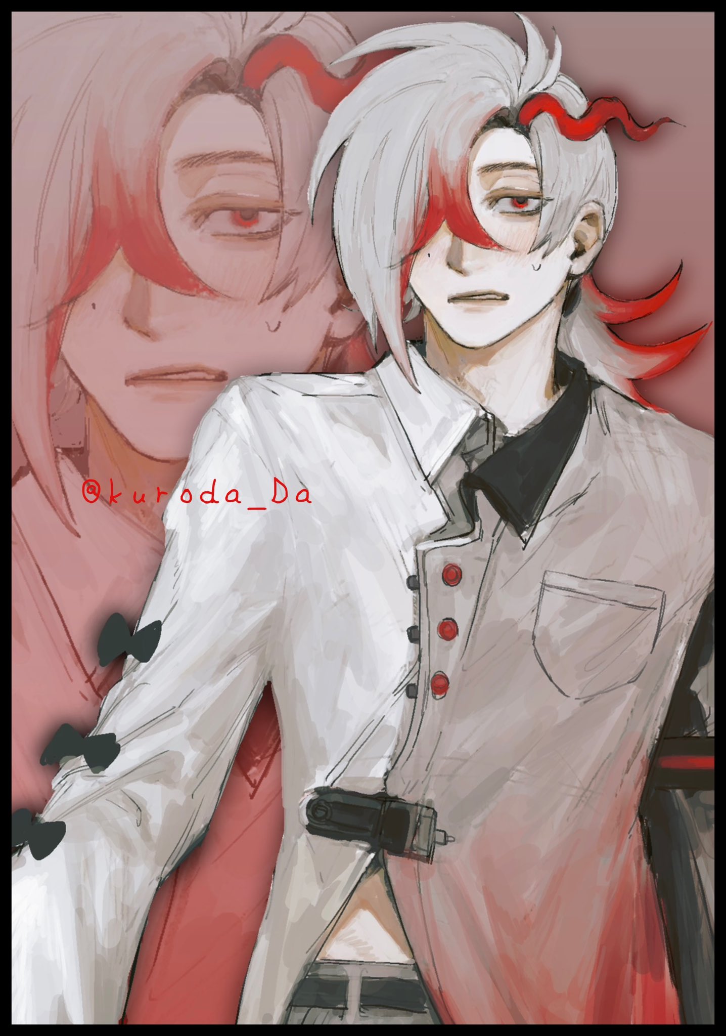 the image showcases a stylized portrait of a young man with white hair styled with dramatic red highlights. he possesses striking red eyes that convey a sense of intensity, further emphasized by his serious expression.  the character is depicted wearing a fashionable ensemble consisting of a white jacket adorned with black accents and buttons, layered over a black shirt.  the artwork employs a soft lighting technique, highlighting the character's features and creating a sense of depth. the overall composition is presented from a frontal perspective, drawing the viewer's attention directly to the subject's captivating gaze.