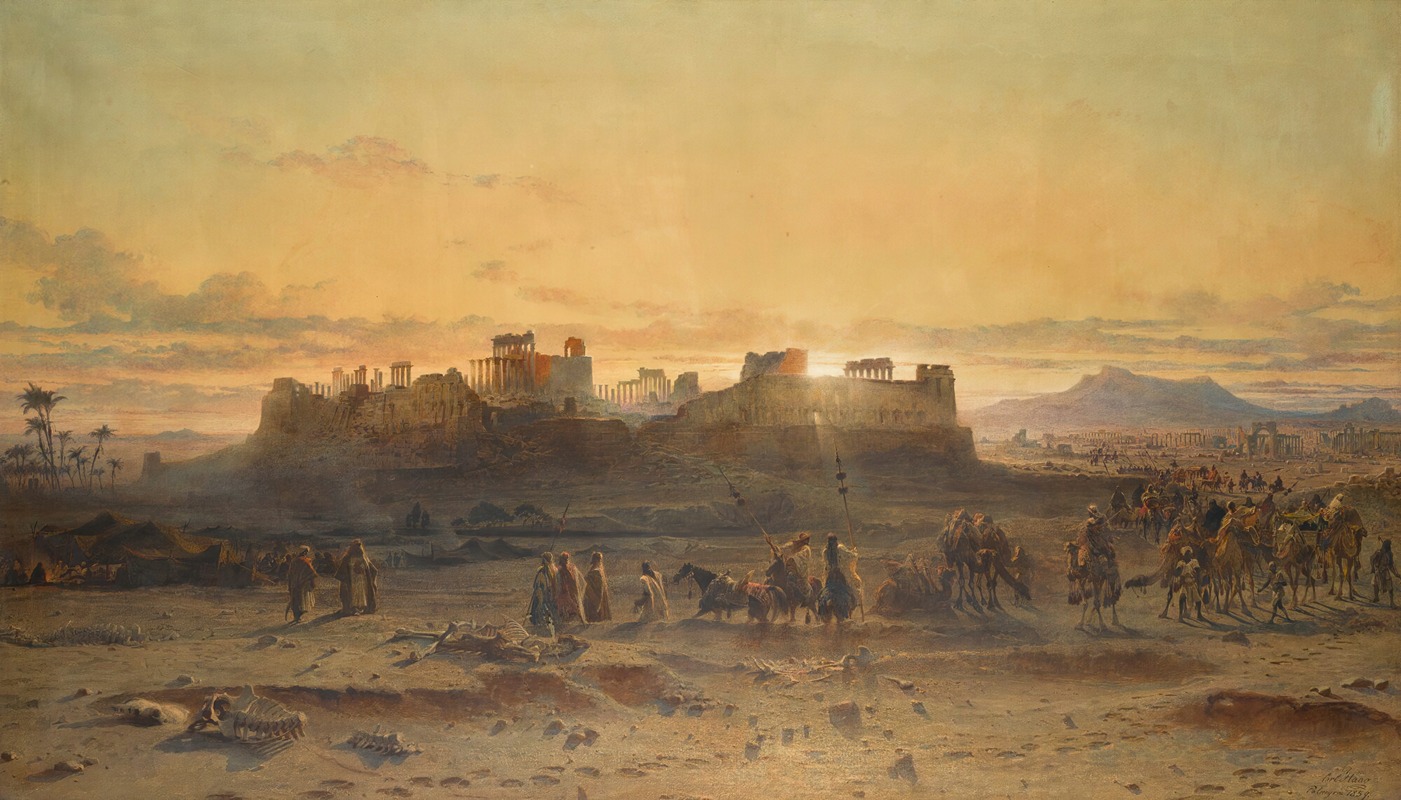 the painting depicts a desert landscape with ancient ruins under a golden sky, likely at sunset. a caravan of people and camels traverses the desert, with some individuals on foot. there are also scattered bones in the foreground, suggesting a harsh environment. the ruins resemble ancient architecture, possibly roman or similar. the painting captures a scene of travel and survival in a desolate yet historically rich environment, characteristic of orientalist art. the painting is signed carl haag. the location may be palmyra, syria.