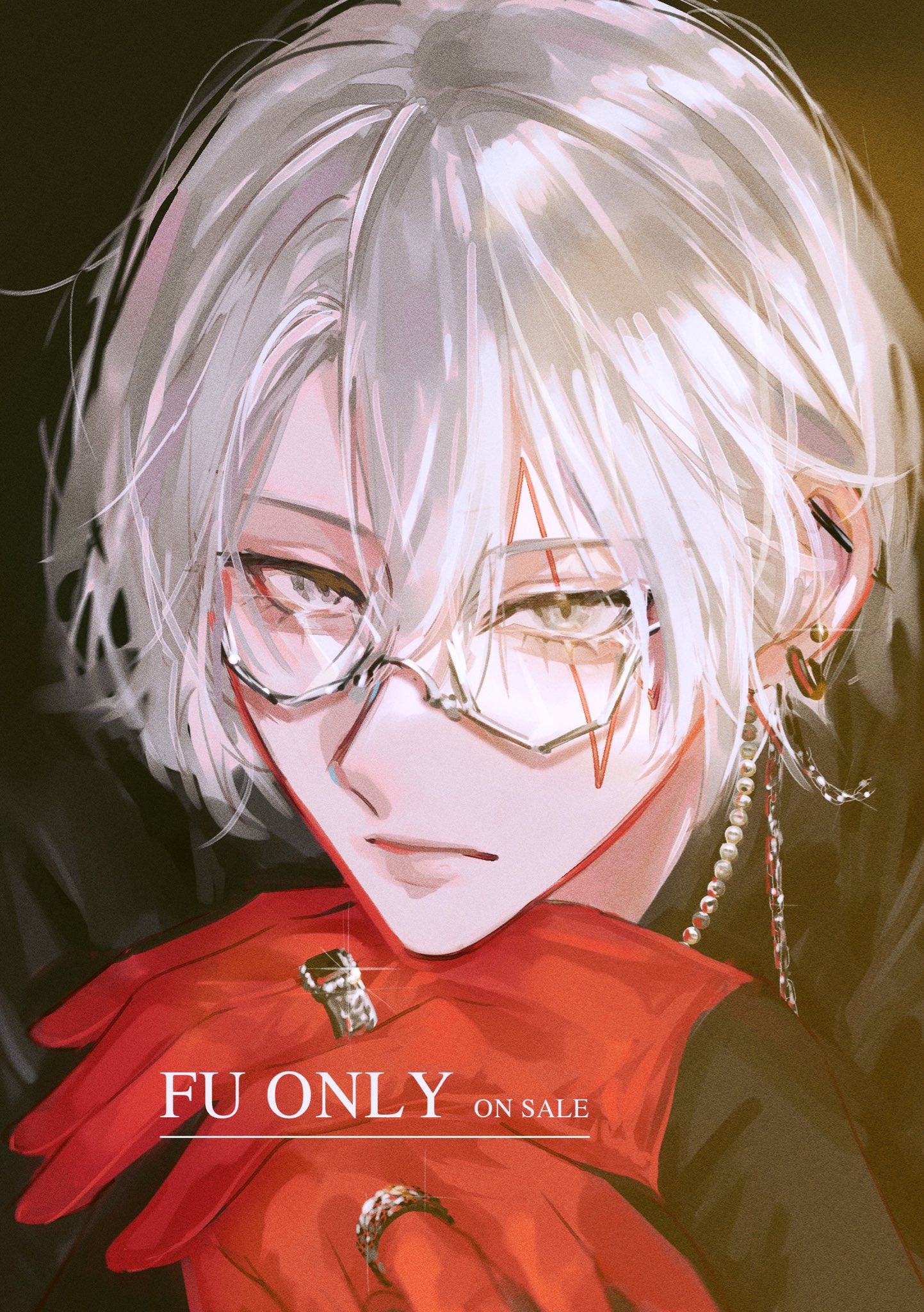 this digital art illustration depicts an anime boy with white hair, wearing glasses and red gloves. he has a silver chain necklace and ring on his finger. the artwork features a closeup view of the boy's face and hands, showcasing his fashion sense and accessories. the background is a dark, blurred out space.