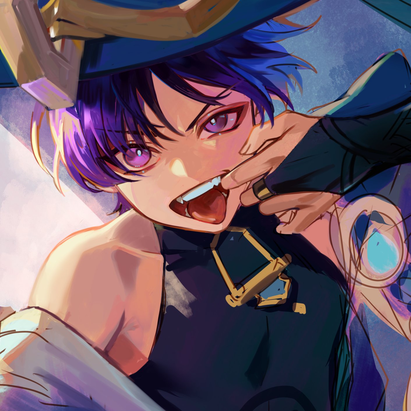 this is a digital illustration of an anime male character. he has purple hair and blue eyes, and is wearing a black costume with gold accents, he is also wearing a hat. he is smiling at the camera and seems happy and cheerful. the art style is bright and colorful, and the character is drawn in a very expressive and dynamic way.