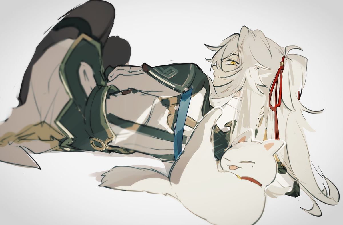 this is a digital art piece of an anime girl with long, flowing white hair and a white cat. the girl is laying down and the cat is sleeping on her. the girl is smiling and looks very happy. the art style is soft and gentle, and the colors are light and pastel. the background is a light grey.