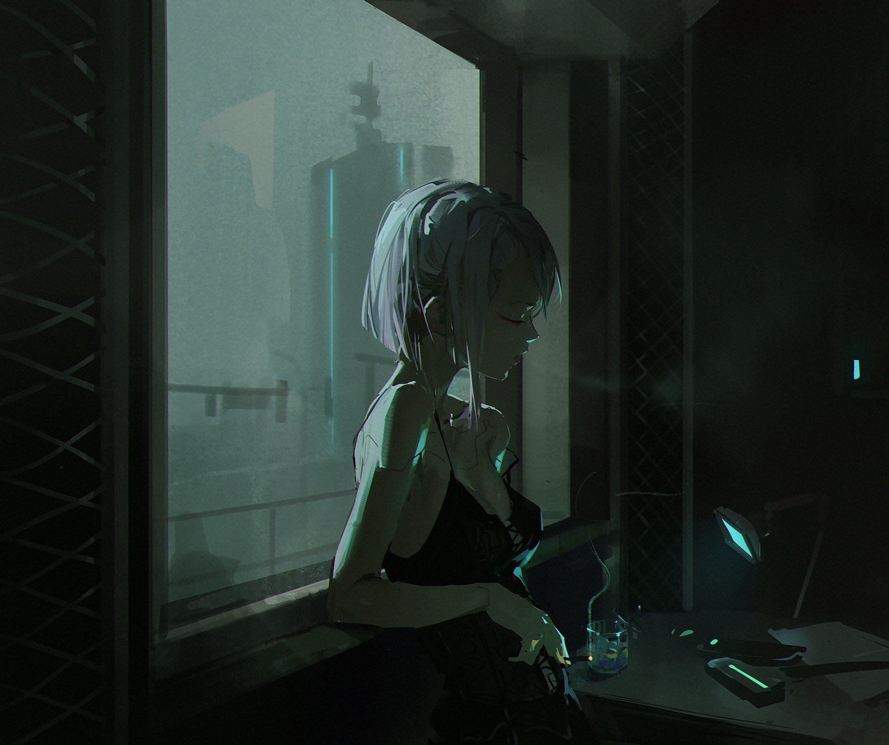 a lone female anime character, with white hair and a black dress, is seen standing by a window. the window is lit by a faint green neon light. there are signs of smoke and a halfempty glass on the table. the character is looking out of the window, lost in thought, and seems to be enjoying the night. the overall mood of the image is dark, melancholic, and introspective. the image is set in a futuristic cyberpunk world, with a city skyline visible in the background.