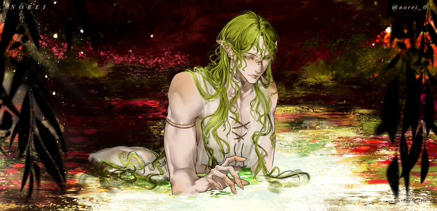 the image is a digital painting or illustration of a male elf with long, vibrant green hair and pointed ears. he is partially submerged in a body of water that shimmers with iridescent colors of red, gold, green, and white.  his attire is a flowing, white garment that partially covers his upper body. the elf's expression is somewhat melancholic and contemplative.  the background is dark and atmospheric, featuring a suggestion of a mystical or enchanted landscape. the overall style is painterly and evocative, emphasizing atmosphere and mood over sharp detail.  the artist's signature, @norci_0, is visible in the upper right corner.