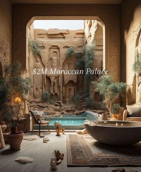 the image shows the interior of a luxurious moroccan palace with a swimming pool. the walls are adorned with intricate carvings and the space is decorated with lush greenery. sunlight streams in from an opening in the ceiling, illuminating the pool and the surrounding area. the scene exudes an aura of opulence and tranquility.