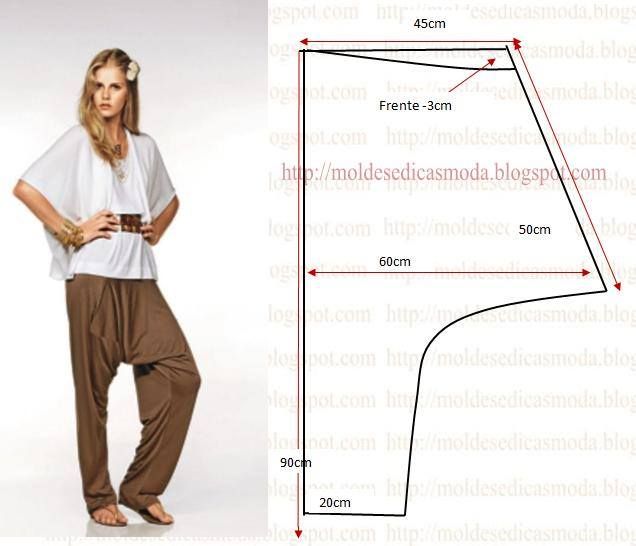the image shows a woman wearing a white top and brown harem pants next to a sewing pattern with measurements for creating similar pants.