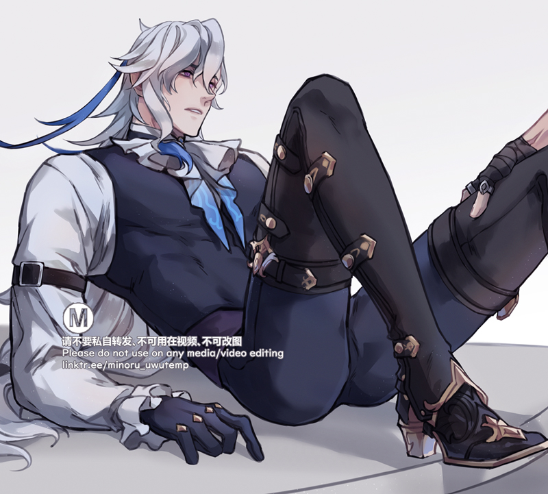 the image shows an anime character sitting with his right leg extended and the other bent at the knee, wearing white hair, a blue scarf, a white shirt, a black tie, black pants, black boots, and black gloves. he appears to have blue eyes and a relaxed expression. the background is white. the image is welldrawn with detailed features. the character's pose is casual and relaxed, giving the impression of a confident and carefree individual.