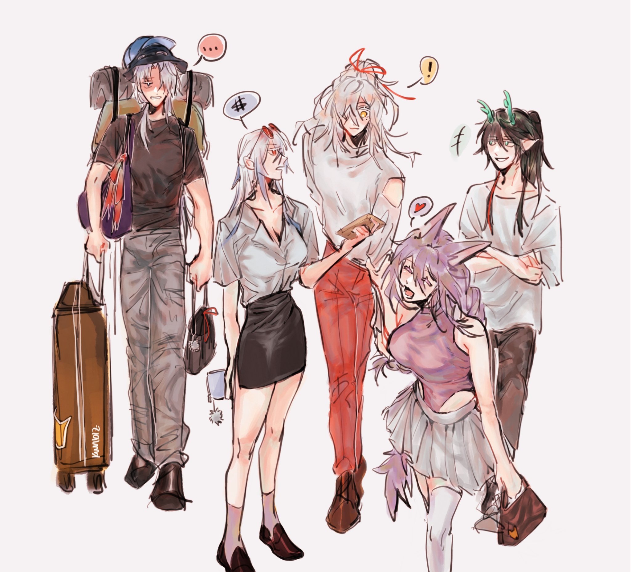this is an illustration of a group of friends traveling. they are all dressed in casual clothes and carrying luggage. the girl in the front is holding a small bag and is looking happy and excited. the boy in the back is holding a large suitcase and is looking thoughtful. all the friends are smiling and seem like they are having a good time. the art style is cartoonish and colorful. the image is full of energy and fun.
