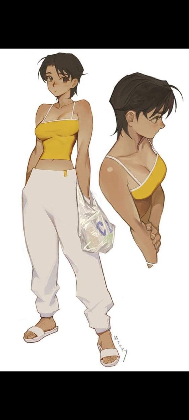 a digital illustration of a woman with short, dark hair wearing a yellow tank top and white pants. she is holding a clear plastic grocery bag in her left hand. the drawing style is loose and sketchy, with visible line work and shading. the background is plain white.