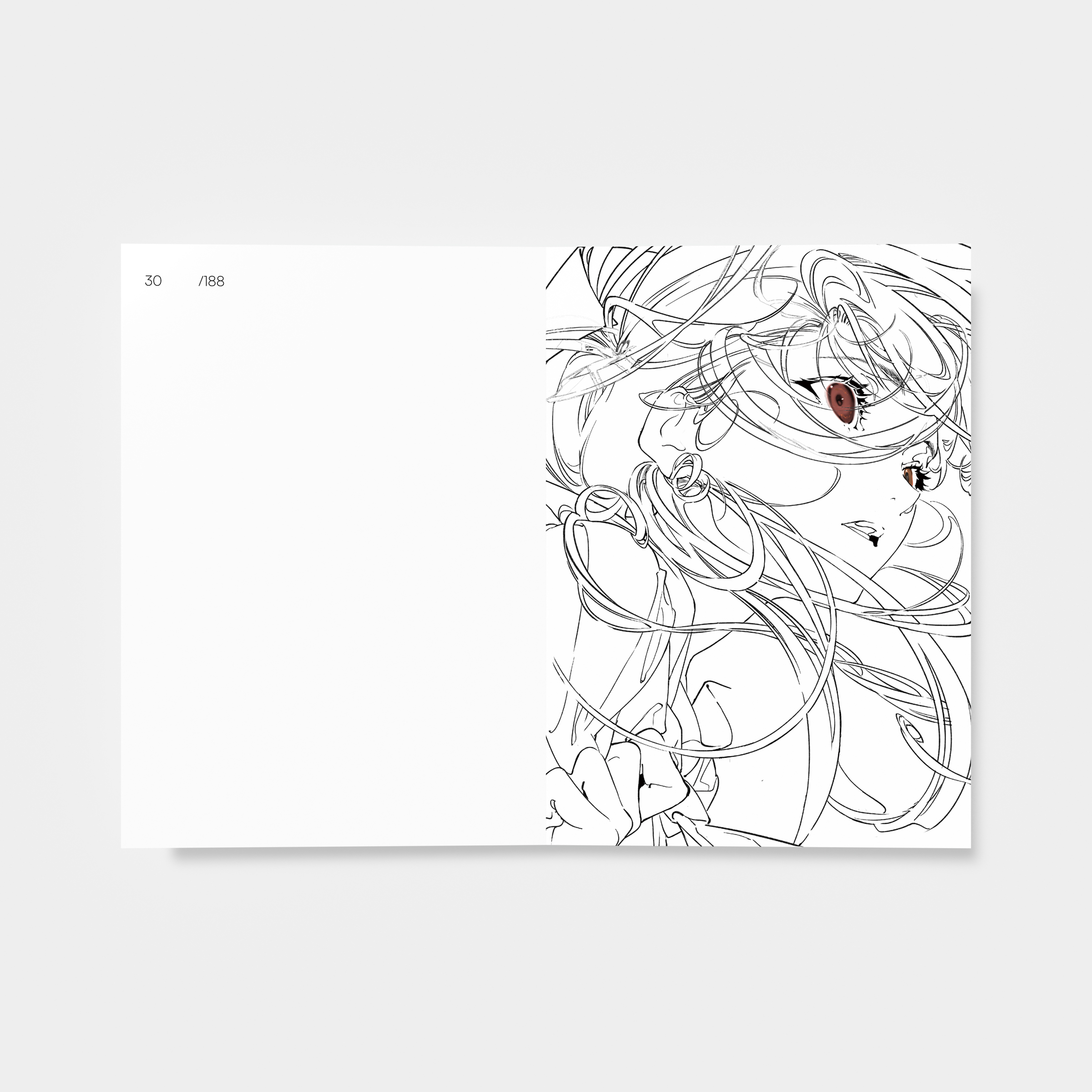 a black and white animestyle drawing of a girl with long, flowing hair and striking red eyes. the drawing is highly detailed, particularly in the hair, and has a soft, ethereal quality.  the girl's expression is difficult to determine as only a portion of her face is visible.
