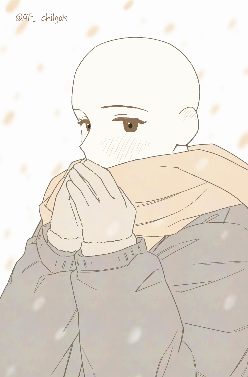 the image is a digital drawing or illustration in an anime/manga style. it depicts a young woman, possibly a girl, with a bald head, wearing a gray jacket, a beige scarf, and gloves or mittens. she is covering her mouth and nose with her hands and scarf, suggesting cold weather or snow.  the art style is minimalist and features a soft, gentle color palette of pastels and muted tones. a light dusting of snow is visible in the background. the artist's tag "@af_chilgok" is present in the top left corner. the overall mood is peaceful and serene.