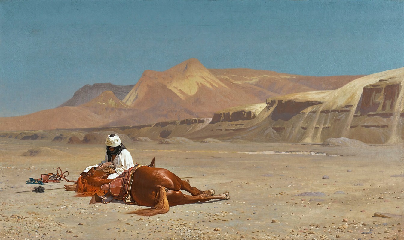 the image is a painting depicting a man in traditional middle eastern clothing resting in a desert landscape with his horse. the horse is lying on the ground, seemingly exhausted or dead, while the man, wearing a white turban and robe, kneels beside it. in the background, there are mountains and cliffs under a clear blue sky. the overall tone suggests desperation and the harsh realities of desert travel.