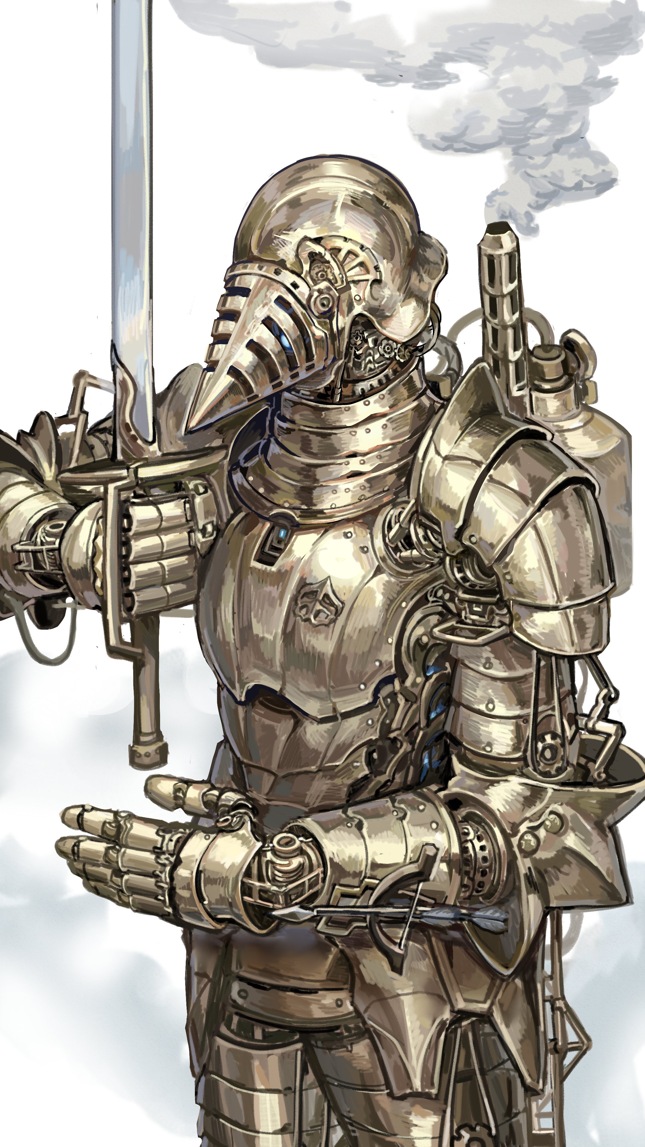 the image is a detailed illustration of a steampunk knight. the knight is depicted wearing intricately designed metallic armor with visible gears and mechanical components. the armor features a helmet with a beaklike extension, and the knight is holding a long sword.  a crossbow is visible tucked into the armor. steam or smoke is subtly emanating from the back of the armor, adding to the steampunk aesthetic. the style is a blend of fantasy and futuristic elements, showcasing a wellcrafted robotic knight in a visually captivating manner. the background is plain white, focusing all attention on the intricate details of the robotic knight.