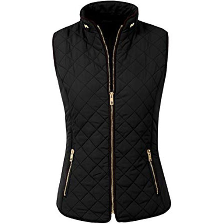 a black, quilted vest with a gold zipper down the front and two gold zippered pockets at the waist. the vest is sleeveless and has a standup collar.