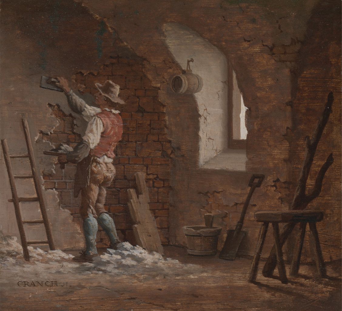 an oil on canvas painting depicting a construction worker plastering a brick wall in an interior setting. the worker, wearing a hat, red vest, and blue stockings, is applying plaster to the wall with a trowel. a ladder leans against the wall near him, and there are tools and a bucket on the floor. a window is visible in the background, with a barrel hanging near it. a simple stool and a branch stand in the corner. the signature "cranchi" is visible in the lower left corner.