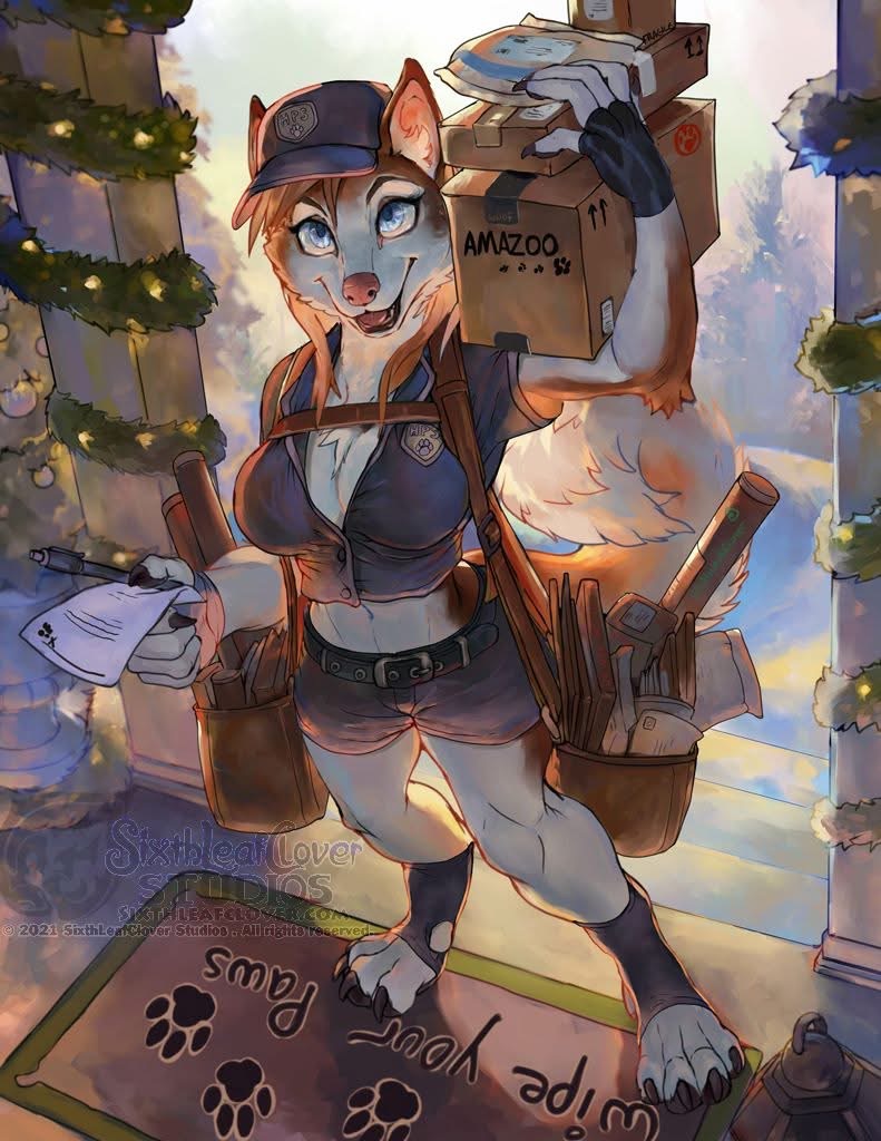 an anthropomorphic dog, possibly a furry character, dressed as a postal worker, stands on a "wipe your paws" doormat while delivering packages. the dog wears a blue uniform, a hat, and carries a stack of packages, one of which is labeled "amazoo." the character is holding a clipboard and pen. the background includes a decorated column and a hint of a tree. the scene appears to be a delivery to a house.