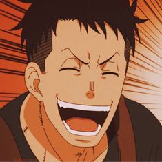 a digital illustration of shinra kusakabe from fire force. the image is a close up of his face and shoulders. he is smiling widely, with his eyes closed and teeth showing. the background is a stylized orange and white gradient, conveying a sense of motion and energy. the overall tone of the image is cheerful and lighthearted.