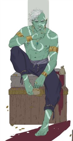 a male triton with pale green skin, white hair, and teal accents is seated upon a wooden chest. he wears loosefitting navy blue pants and gold jewelry. the background is a pale gray. there is a small pouch on the chest with coins scattered around. a small puddle of blood is beneath the chest.
