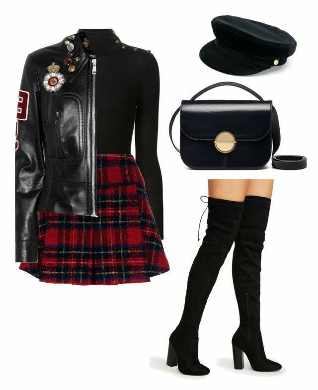 he image shows a girl's outfit consisting of a black leather jacket with embellishments, a red plaid pleated skirt, a black turtleneck sweater, black overtheknee boots, a black handbag, and a black newsboy cap.  the style is a mix of grunge, punk, and schoolgirl aesthetics.  the clothing items are arranged on a white background.