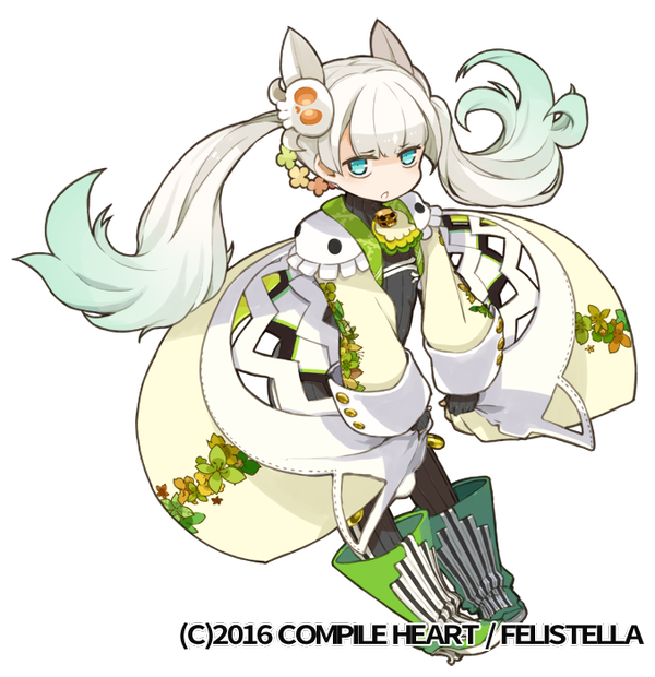 this image is a digital illustration of a cute anime girl with long white hair and green eyes. she is wearing a green and white dress and green and white boots. she is holding a bouquet of flowers and her expression is one of joy and happiness. the girl's design is reminiscent of a manga or anime character.