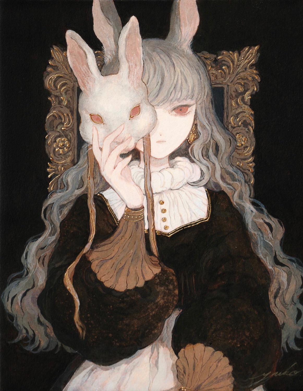 the image is a digital painting or illustration of a young woman with long gray hair, wearing a dark dress with gold accents. she holds a white rabbit mask to her face. the woman sits in an ornate gold frame chair against a dark background. the style is reminiscent of gothic or victorianera art with a blend of soft and dark elements. the overall mood is mysterious and elegant. the artist's signature is subtly placed in the bottom right corner.