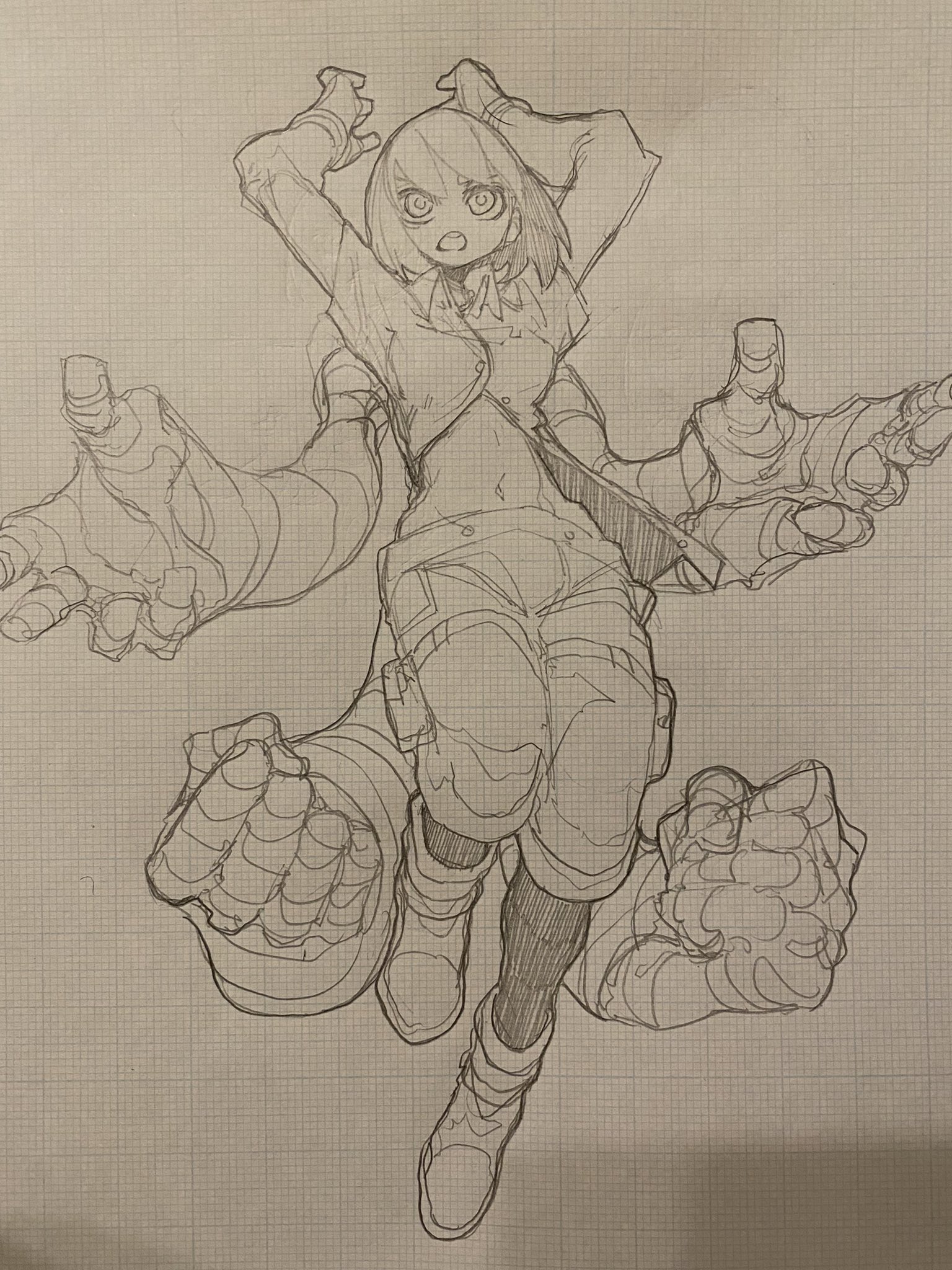 the image is a sketch of a young woman drawn in an anime/manga style. she is suspended in the air, surrounded by five large mechanical arms that appear to be connected to her back. her expression suggests surprise or alarm. the drawing is done on grid paper in pencil with no color.
